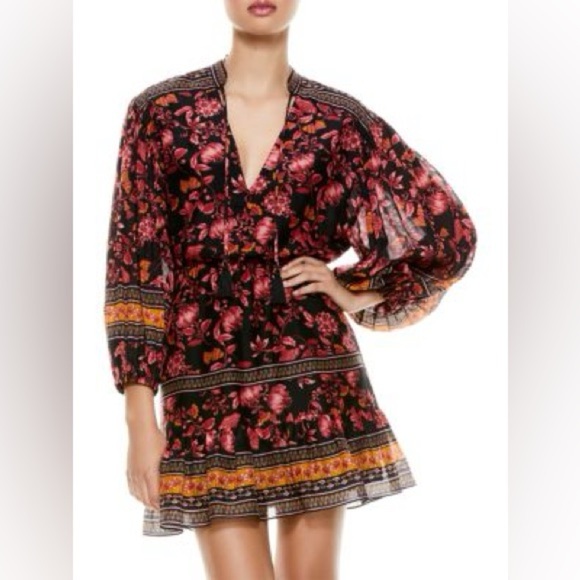 ALICE + OLIVIA Sedona Floral Mini Dress Cotton Silk Floral Mandarin Tunic - Picture 1 of 11